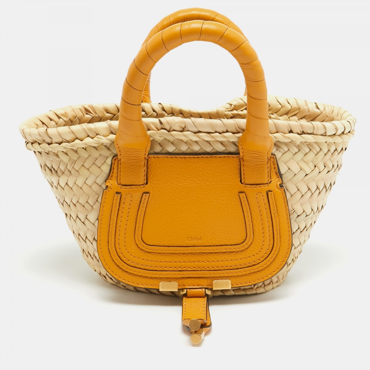 Pre Owned Chloe Yellow/Natural Raffia and Leather Mini Marcie Basket Bag