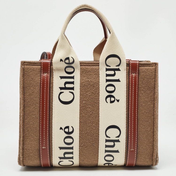 Pre Owned Chloe Brown/Beige Wool and Leather Small Woody Tote
