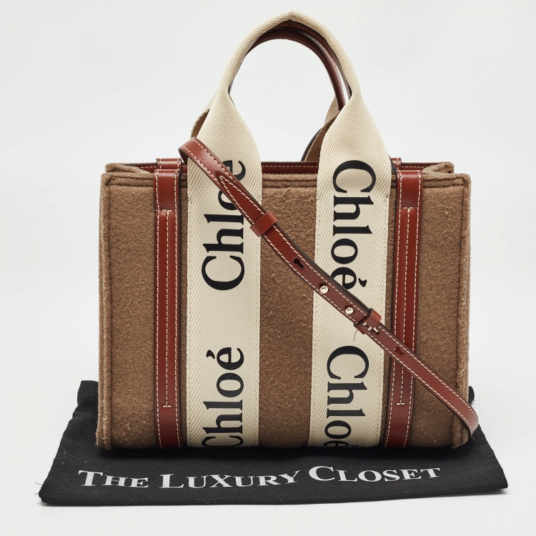 Pre Owned Chloe Brown/Beige Wool and Leather Small Woody Tote