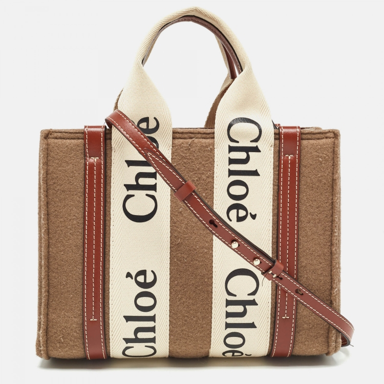 Pre Owned Chloe Brown/Beige Wool and Leather Small Woody Tote
