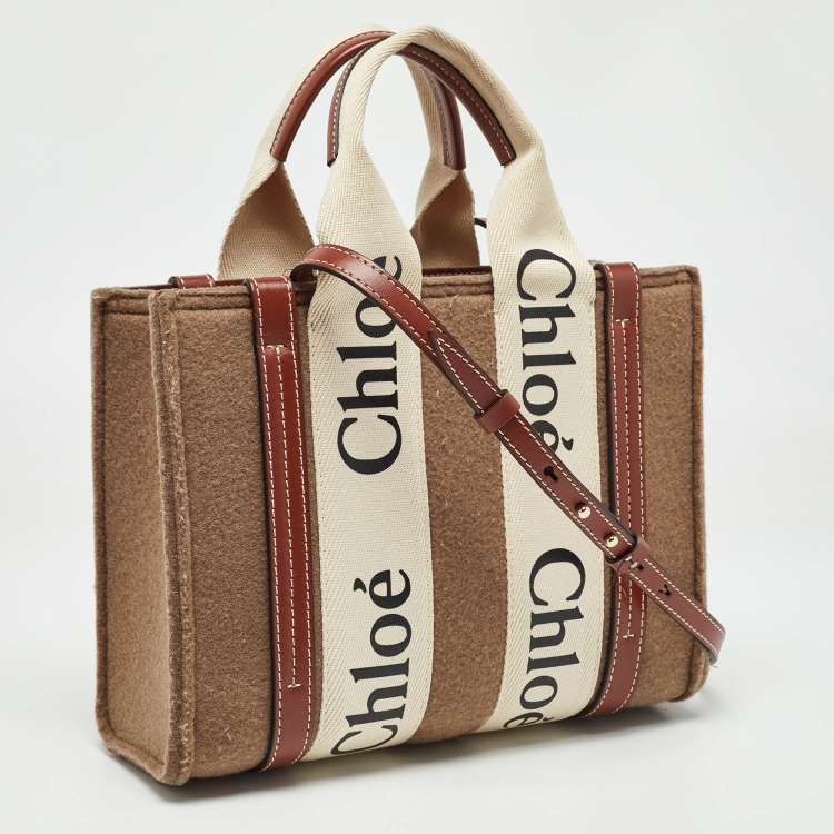 Pre Owned Chloe Brown/Beige Wool and Leather Small Woody Tote