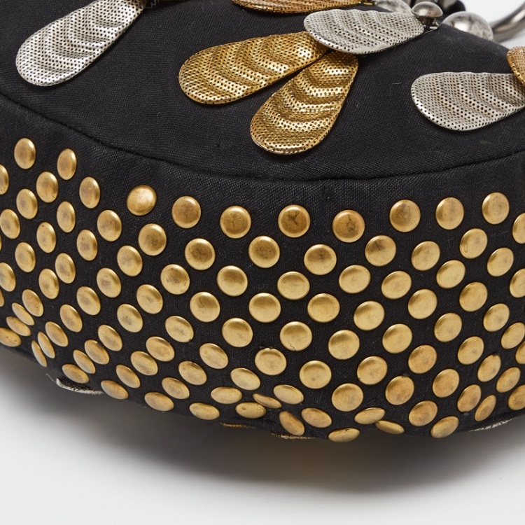 Pre Owned Chloe Black Canvas Metal Embellished Crescent Hobo