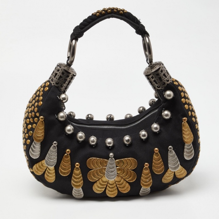 Pre Owned Chloe Black Canvas Metal Embellished Crescent Hobo