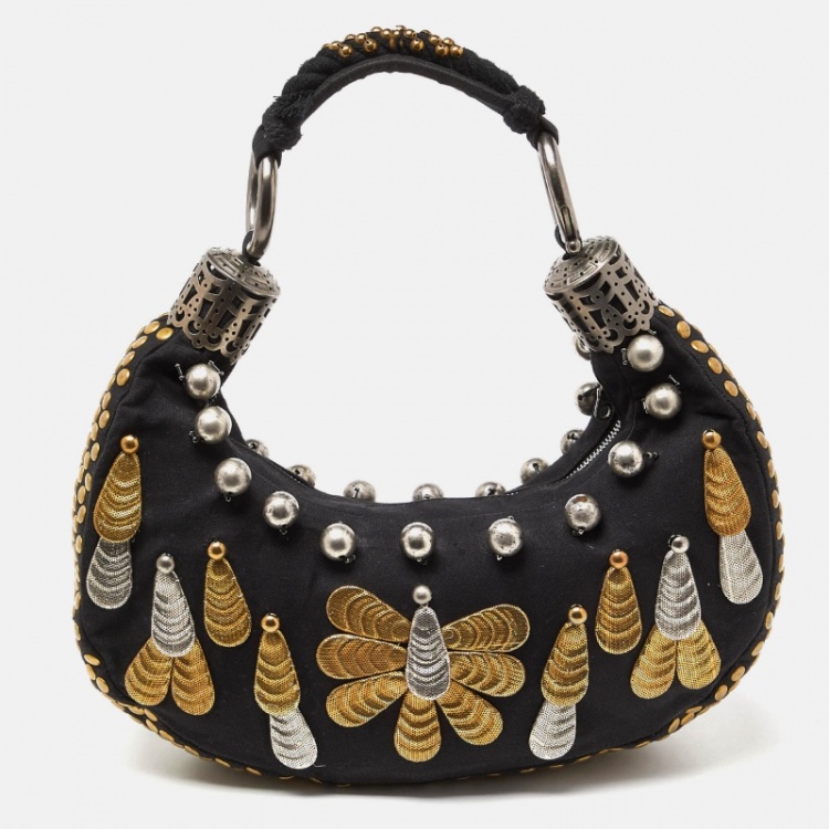 Pre Owned Chloe Black Canvas Metal Embellished Crescent Hobo