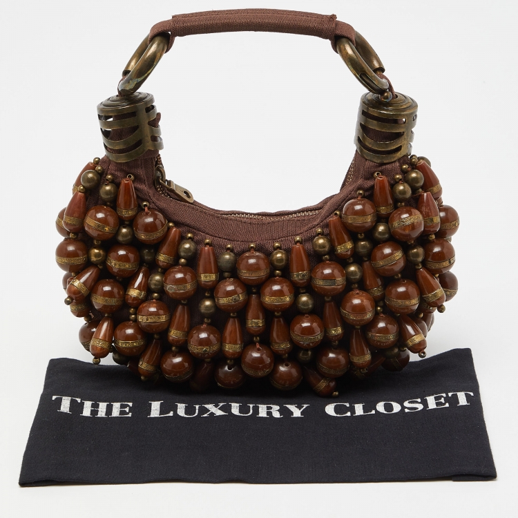 Pre Owned Chloe Brown Canvas Beads Embellished Hobo