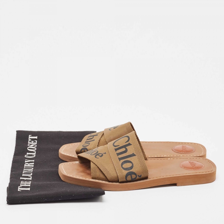 Pre Owned Chloe Brown Canvas Woody Slide Flats Size 39