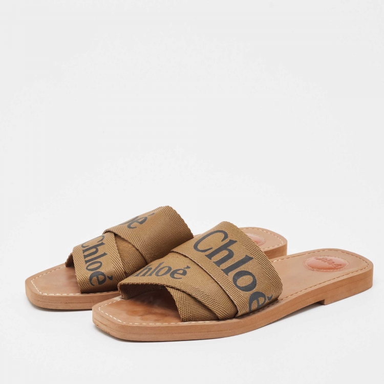 Pre Owned Chloe Brown Canvas Woody Slide Flats Size 39