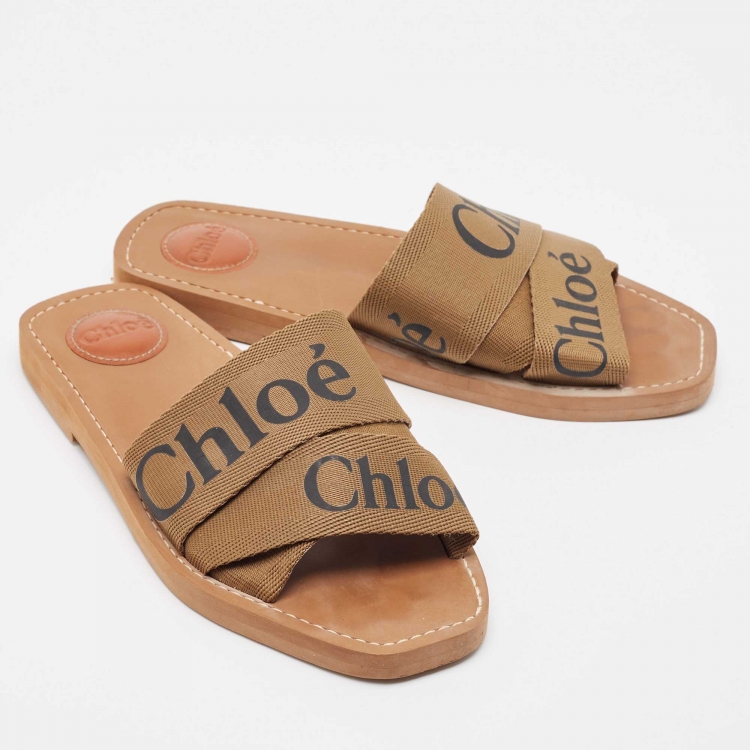 Pre Owned Chloe Brown Canvas Woody Slide Flats Size 39