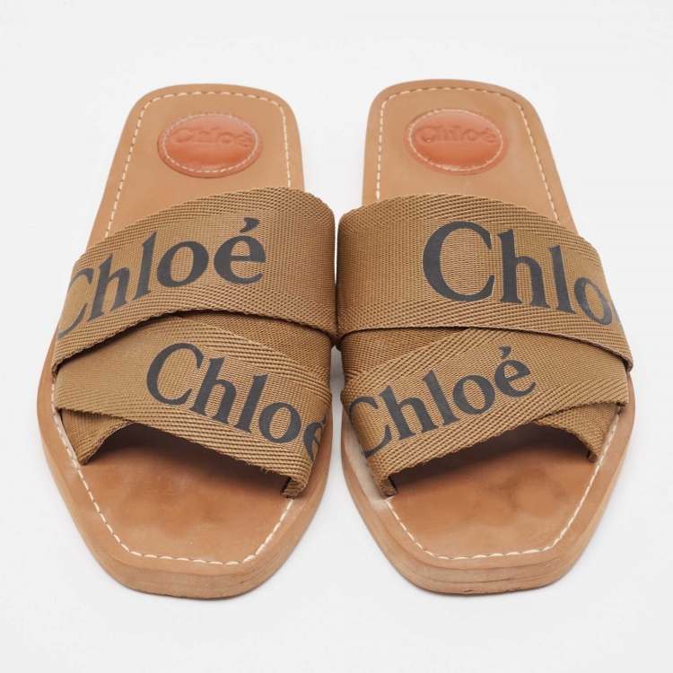 Pre Owned Chloe Brown Canvas Woody Slide Flats Size 39