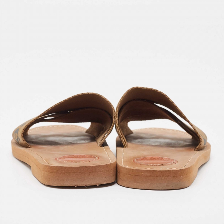 Pre Owned Chloe Brown Canvas Woody Slide Flats Size 39