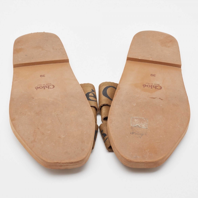 Pre Owned Chloe Brown Canvas Woody Slide Flats Size 39