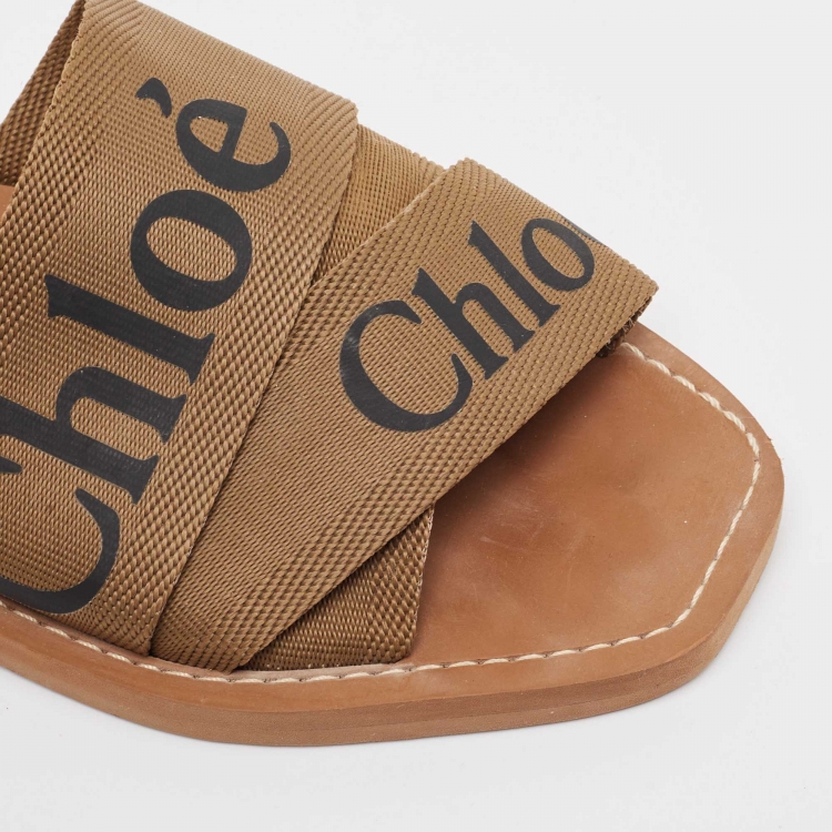 Pre Owned Chloe Brown Canvas Woody Slide Flats Size 39