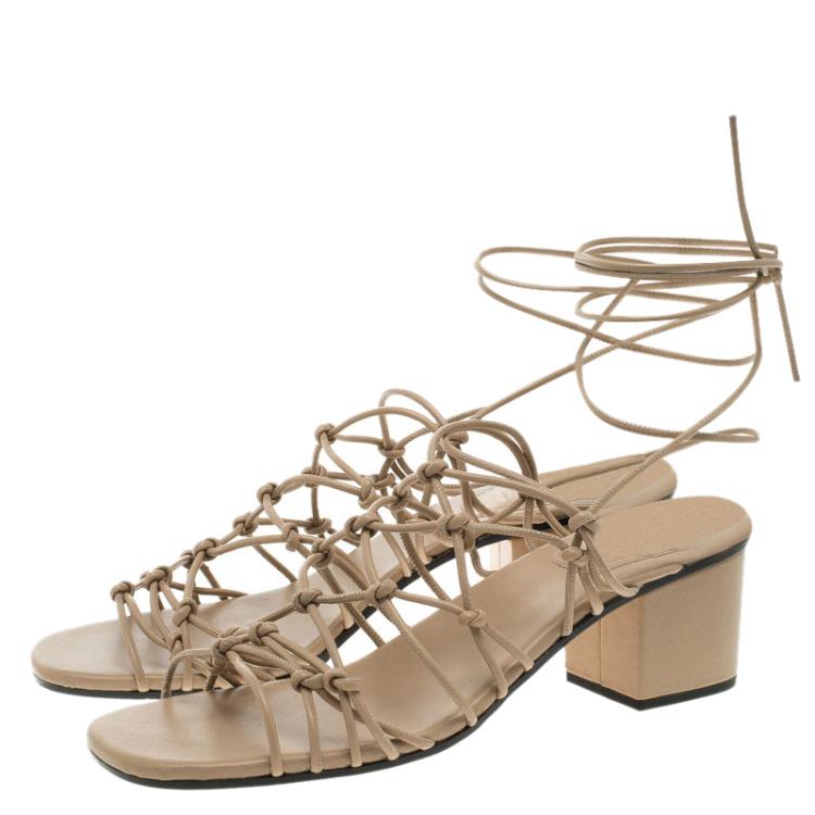 Pre Owned Chloe Beige Knotted Leather Block Heel Ankle Wrap Sandals Size 39.5