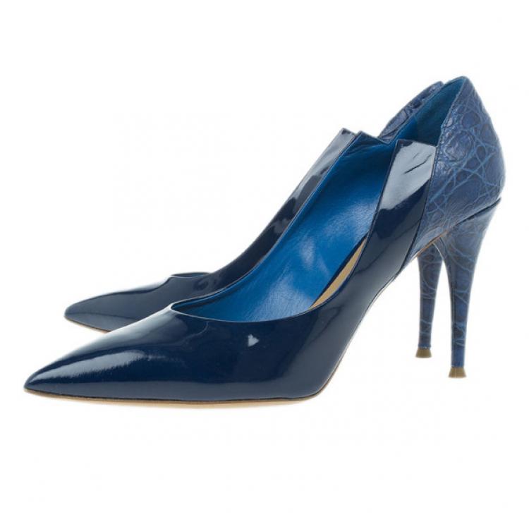 Pre Owned Chloe Blue Croc Embossed and Patent Leather Irina Pointed Toe Pumps Size 40