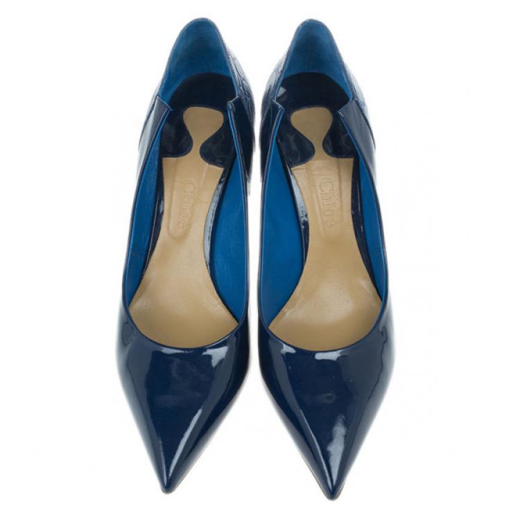 Pre Owned Chloe Blue Croc Embossed and Patent Leather Irina Pointed Toe Pumps Size 40
