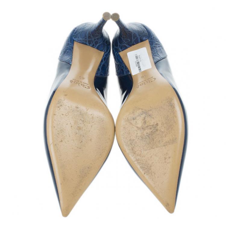 Pre Owned Chloe Blue Croc Embossed and Patent Leather Irina Pointed Toe Pumps Size 40