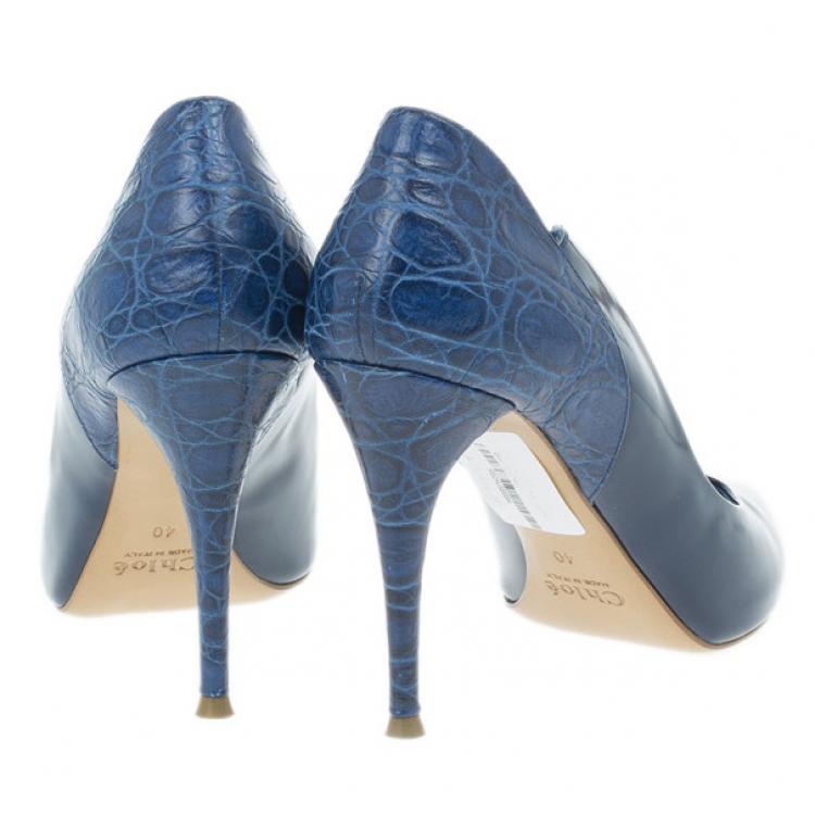 Pre Owned Chloe Blue Croc Embossed and Patent Leather Irina Pointed Toe Pumps Size 40