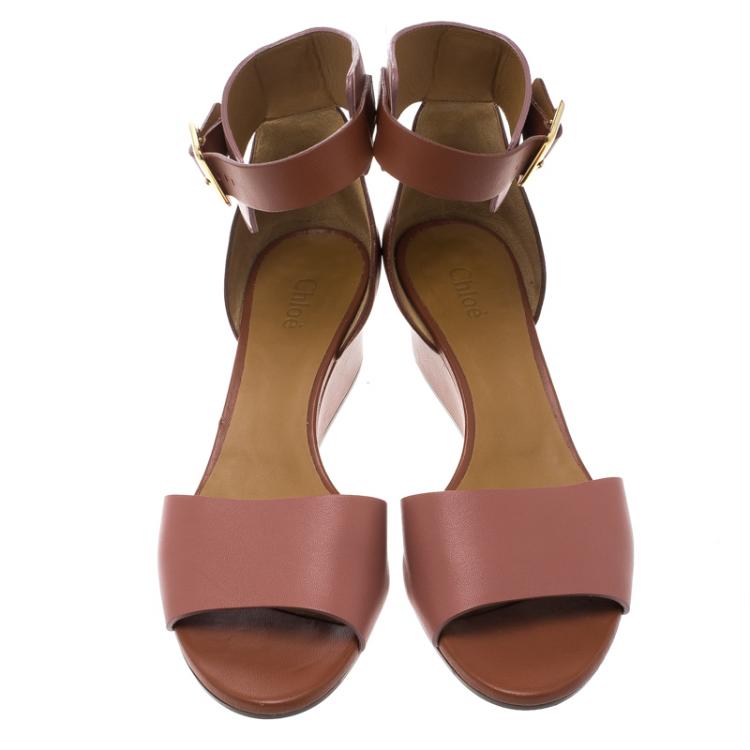 Pre Owned Chloe Nude Pink/Copper Leather Ankle Strap Wedges Size 39