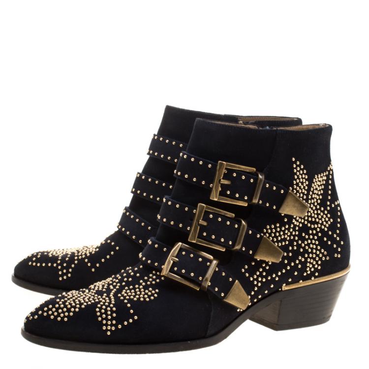 مملوكة مسبقًا Chloe Black Suede Suzanna Studded Ankle Boots Size 36