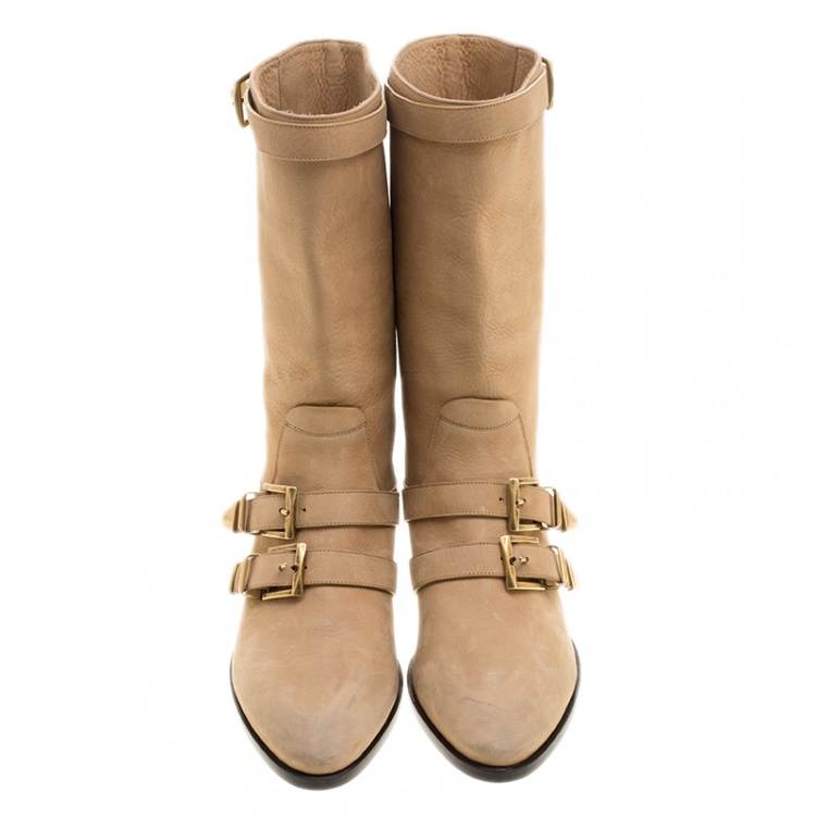 Pre Owned Chloe Beige Leather Susanna Buckle Detail Boots Size 37