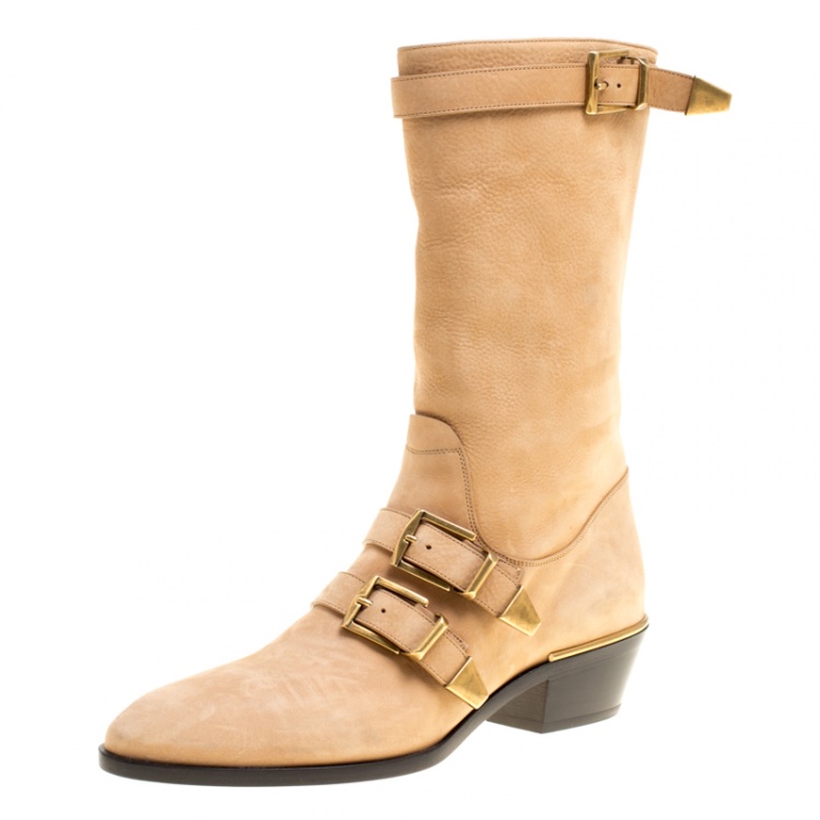 مملوكة مسبقًا Chloe Beige Leather Susanna Buckle Detail Boots Size 38