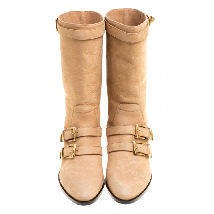 مملوكة مسبقًا Chloe Beige Leather Susanna Buckle Detail Boots Size 38