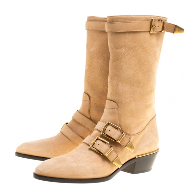مملوكة مسبقًا Chloe Beige Leather Susanna Buckle Detail Boots Size 38