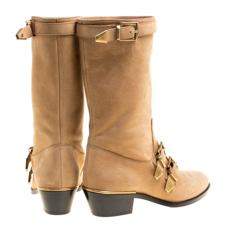 مملوكة مسبقًا Chloe Beige Leather Susanna Buckle Detail Boots Size 38