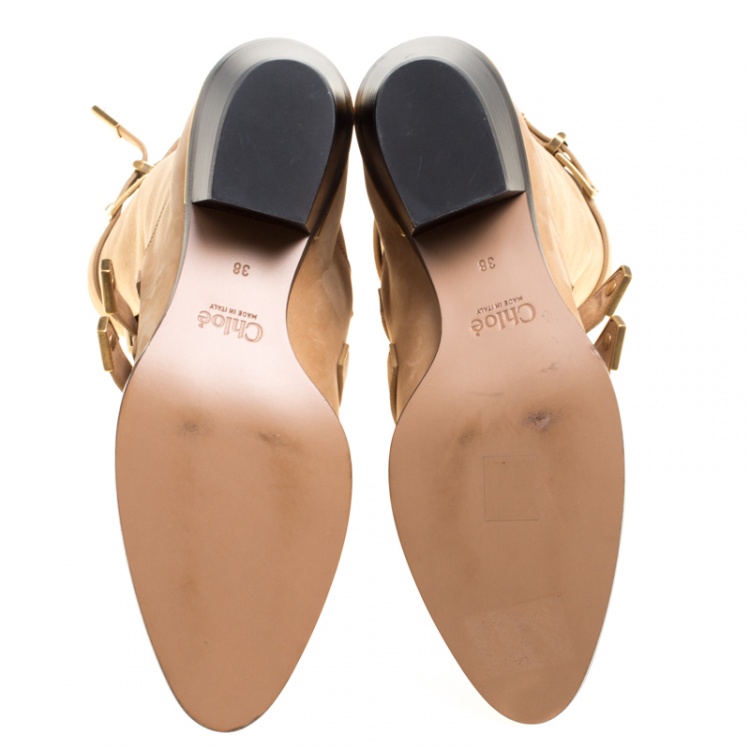 مملوكة مسبقًا Chloe Beige Leather Susanna Buckle Detail Boots Size 38