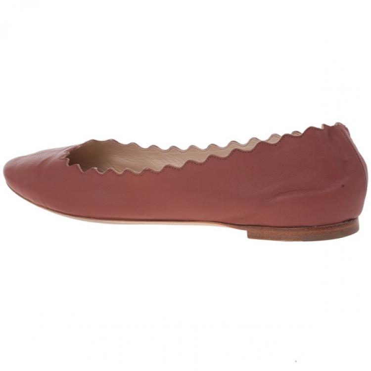 Pre Owned Chloe Brown Leather Lauren Scalloped Ballet Flats Size 38.5