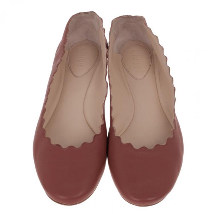 Pre Owned Chloe Brown Leather Lauren Scalloped Ballet Flats Size 38.5