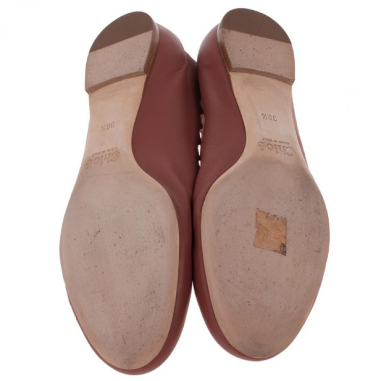 Pre Owned Chloe Brown Leather Lauren Scalloped Ballet Flats Size 38.5
