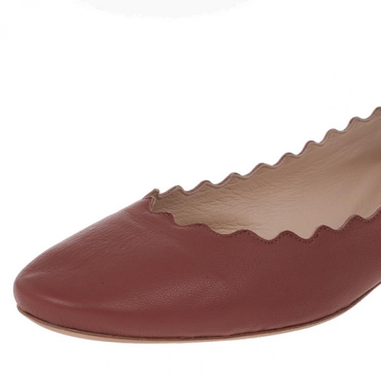 Pre Owned Chloe Brown Leather Lauren Scalloped Ballet Flats Size 38.5