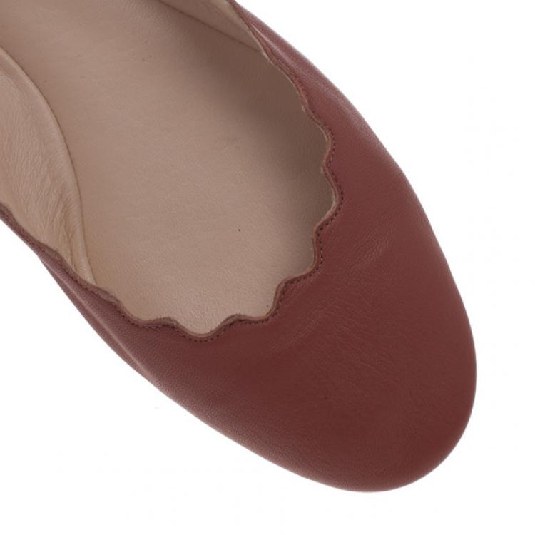 Pre Owned Chloe Brown Leather Lauren Scalloped Ballet Flats Size 38.5