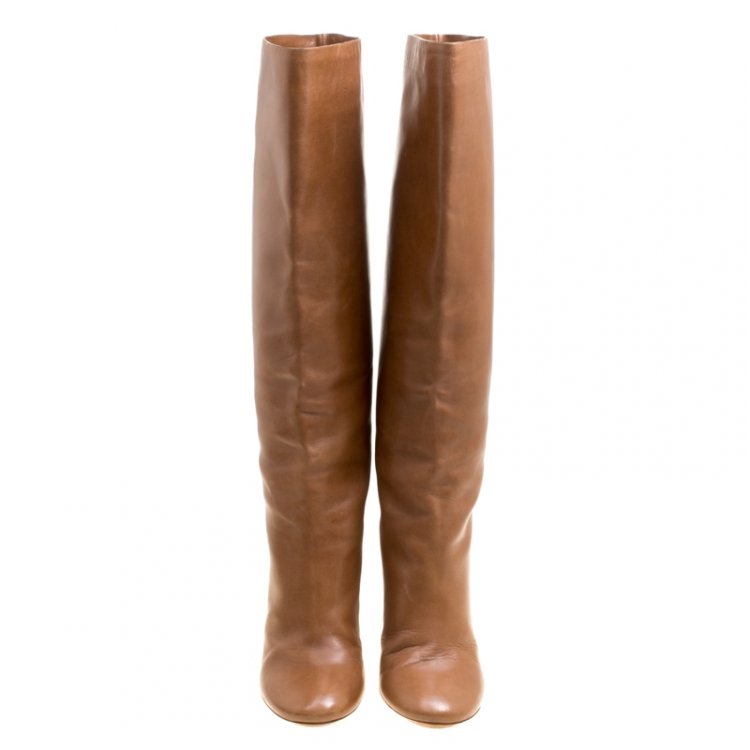 مملوكة مسبقًا Chloe Brown Leather Knee High Boots Size 39
