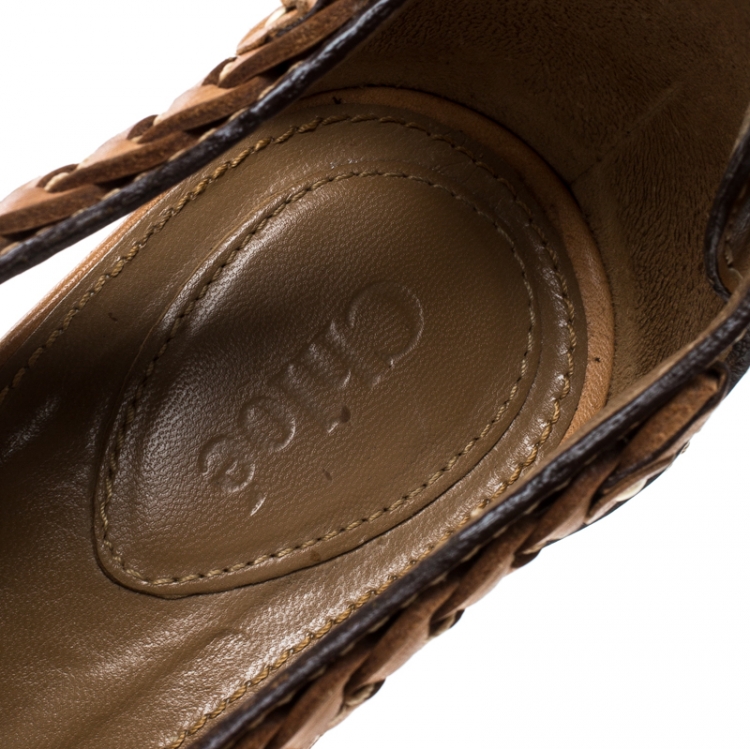 مملوكة مسبقًا Chloe Brown Leather Braided Detail Cork Wedge Sandals Size 39.5