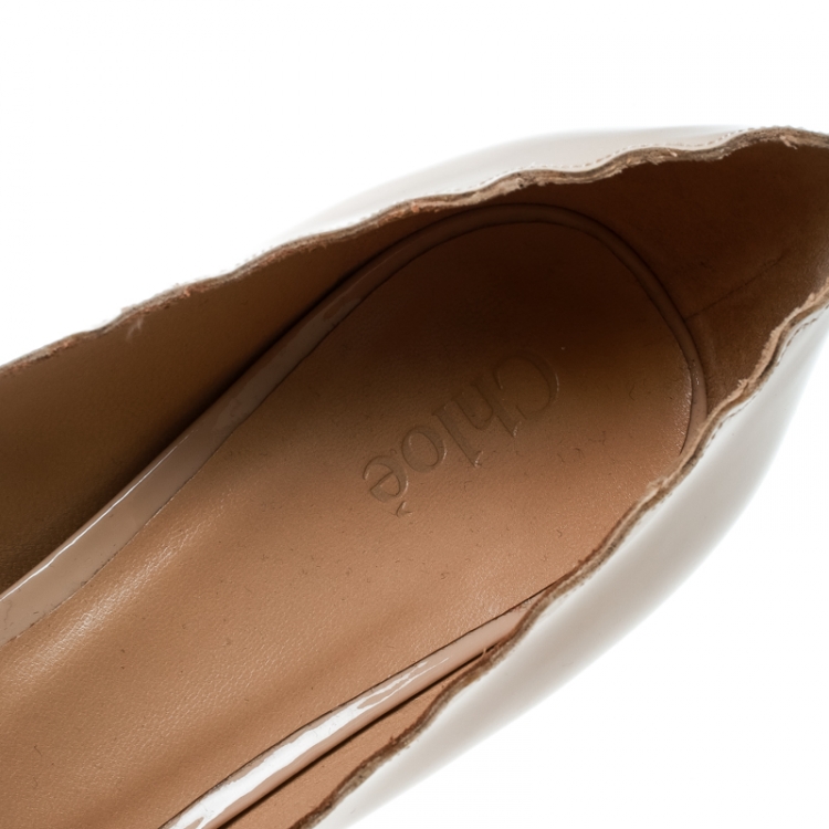 Pre Owned  Chloe Beige Patent Leather Lauren Scallop Trim Block Heel Pumps Size 38