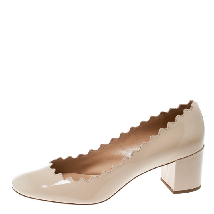 Pre Owned  Chloe Beige Patent Leather Lauren Scallop Trim Block Heel Pumps Size 38