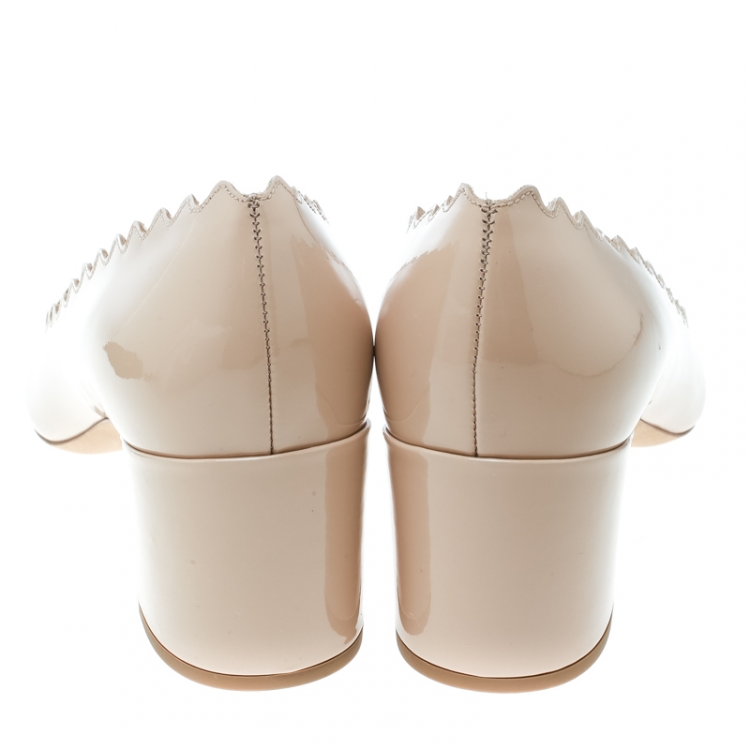 Pre Owned  Chloe Beige Patent Leather Lauren Scallop Trim Block Heel Pumps Size 38