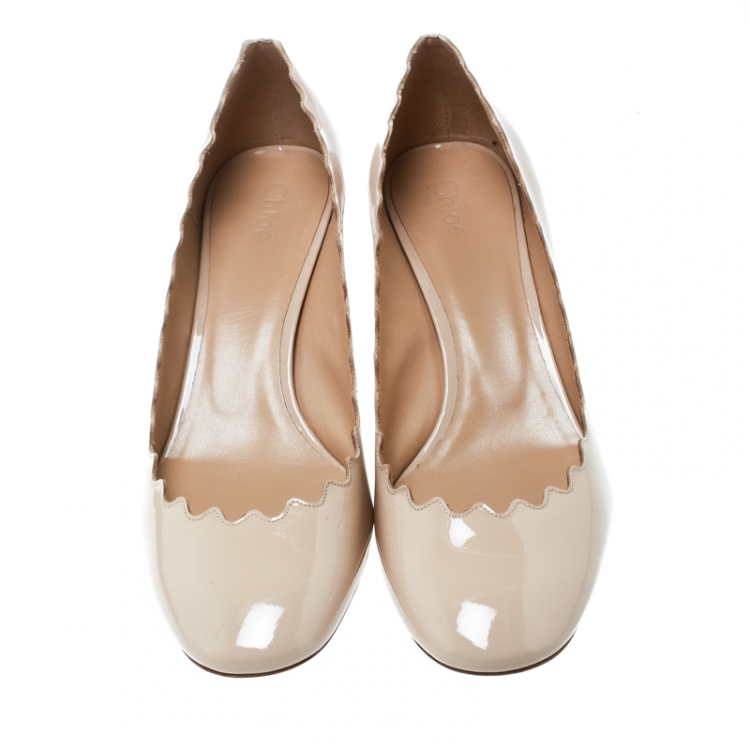 Pre Owned  Chloe Beige Patent Leather Lauren Scallop Trim Block Heel Pumps Size 38