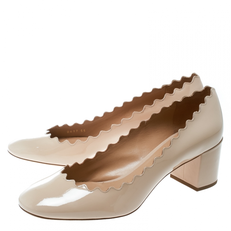 Pre Owned  Chloe Beige Patent Leather Lauren Scallop Trim Block Heel Pumps Size 38