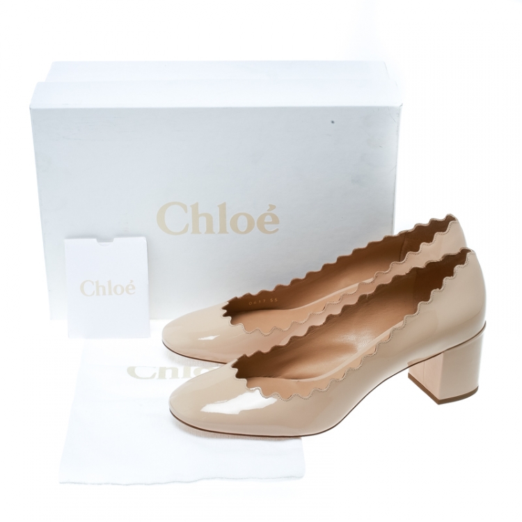 Pre Owned  Chloe Beige Patent Leather Lauren Scallop Trim Block Heel Pumps Size 38
