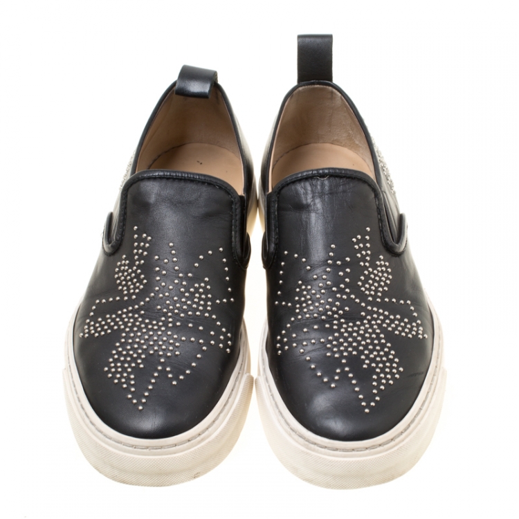 Pre Owned Chloe Black Leather Stud Embellished Susanna Slip On Sneakers Size 38