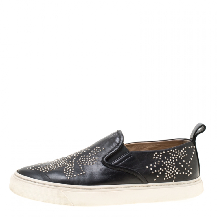 Pre Owned Chloe Black Leather Stud Embellished Susanna Slip On Sneakers Size 38
