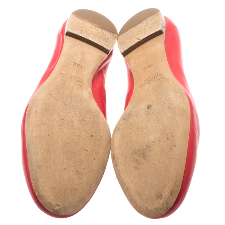 Pre Owned Chloe Red Leather Lauren Scalloped Ballet Flats Size 40.5