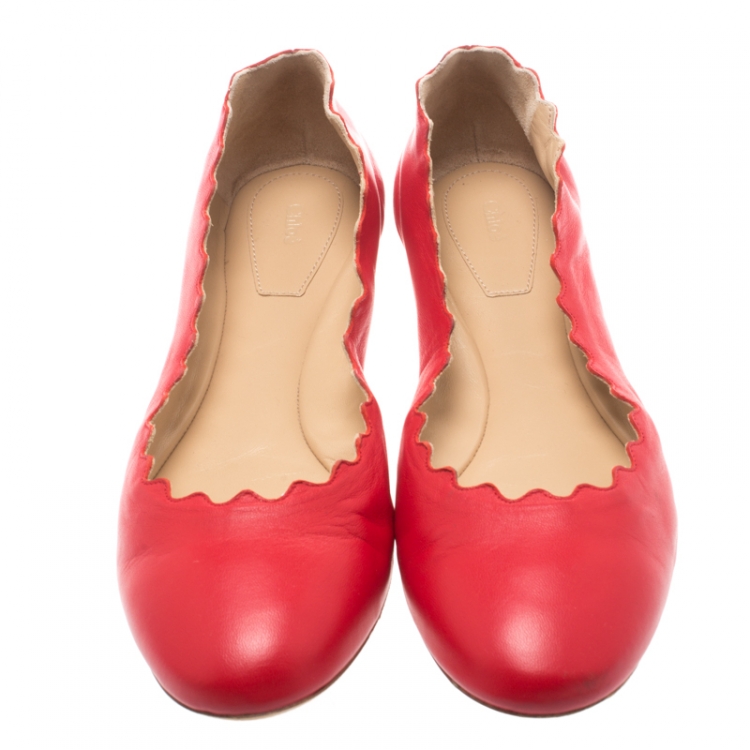 Pre Owned Chloe Red Leather Lauren Scalloped Ballet Flats Size 40.5