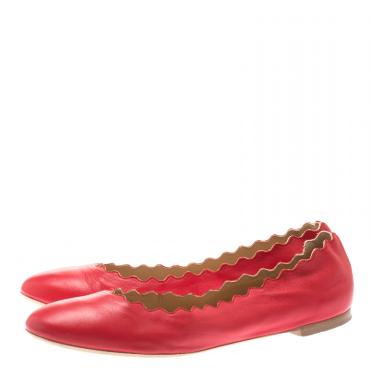 Pre Owned Chloe Red Leather Lauren Scalloped Ballet Flats Size 40.5