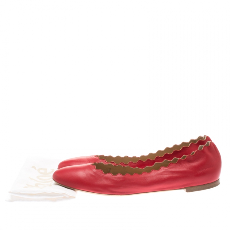 Pre Owned Chloe Red Leather Lauren Scalloped Ballet Flats Size 40.5