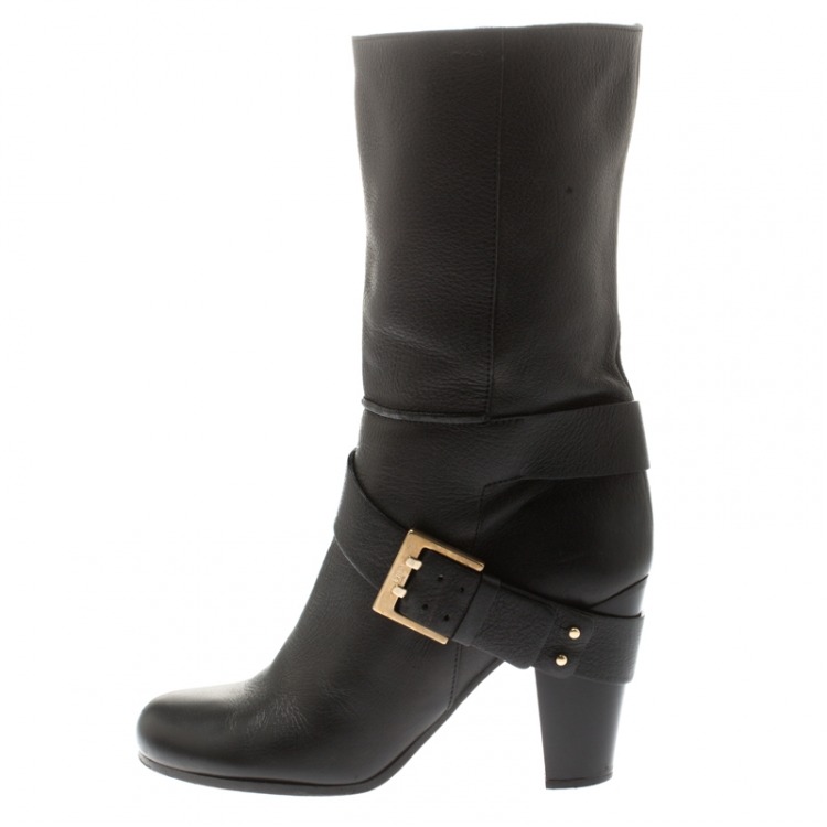 Pre Owned Chloe Black Leather Mid-Calf Buckle Boots Size 38.5