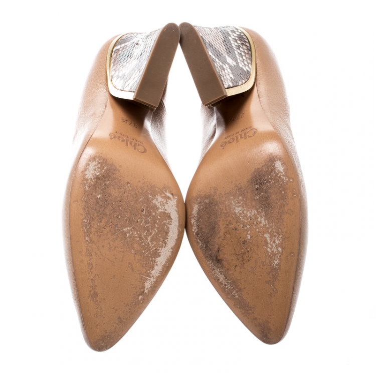 Pre Owned Chloe Beige Leather And Python Block Heel Pumps Size 37.5